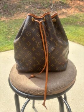 Louis Vuitton Petite Noe Monogram Drawstring Bucket Bag in Brown and Tan